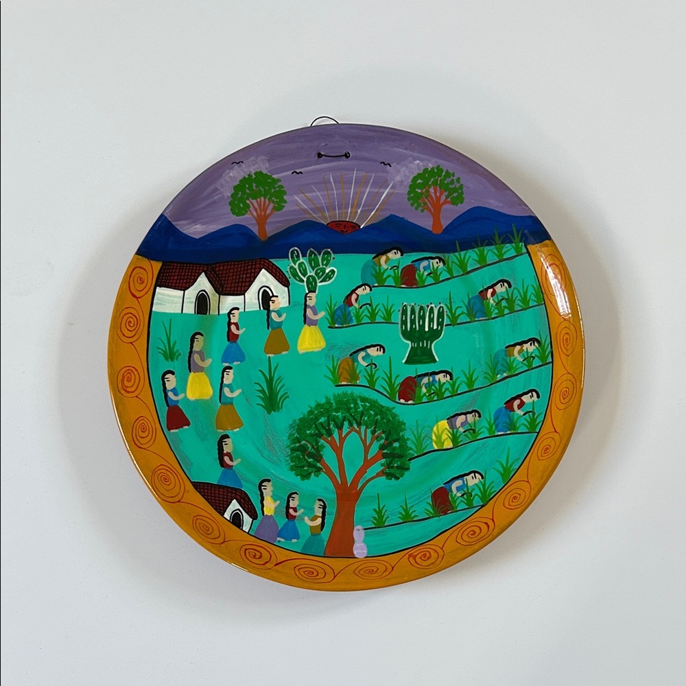 Vintage Handpainted Mexican Folk Art “ Village Women “ Wall Hanging Plate